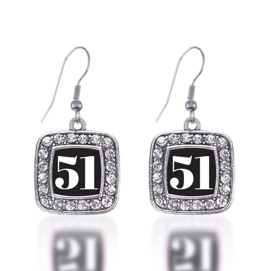 Silver Sport Number 51 Square Charm Dangle Earrings