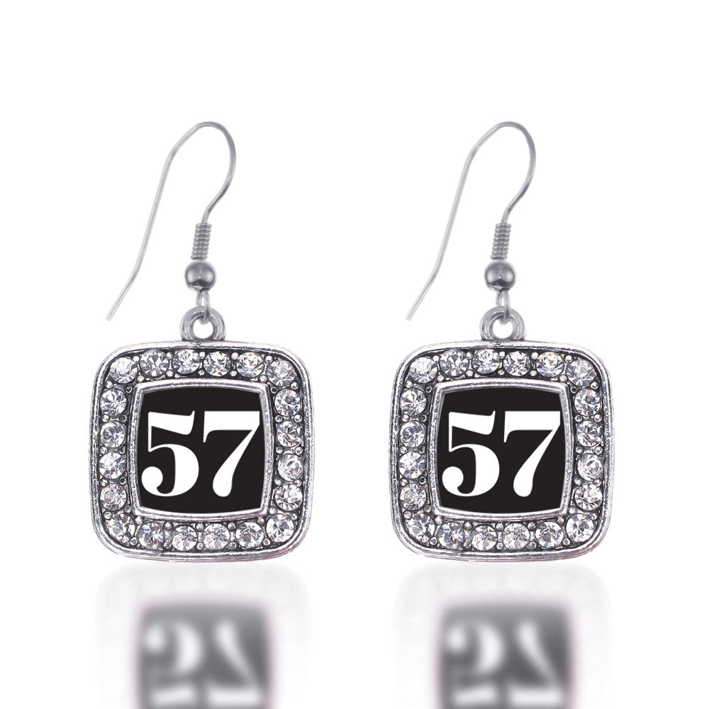 Silver Sport Number 57 Square Charm Dangle Earrings