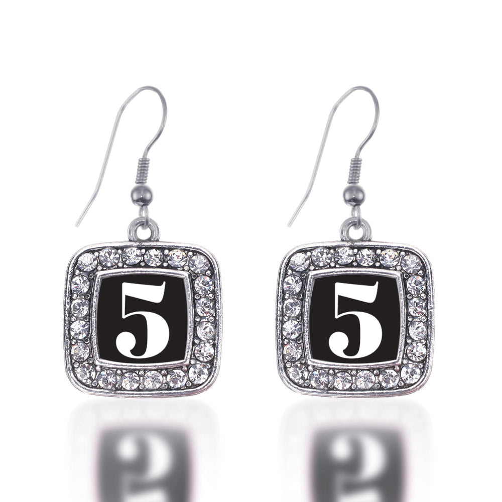 Silver Sport Number 5 Square Charm Dangle Earrings