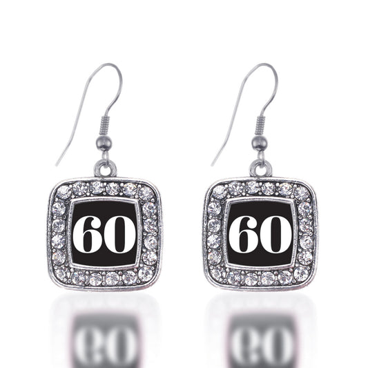 Silver Sport Number 60 Square Charm Dangle Earrings