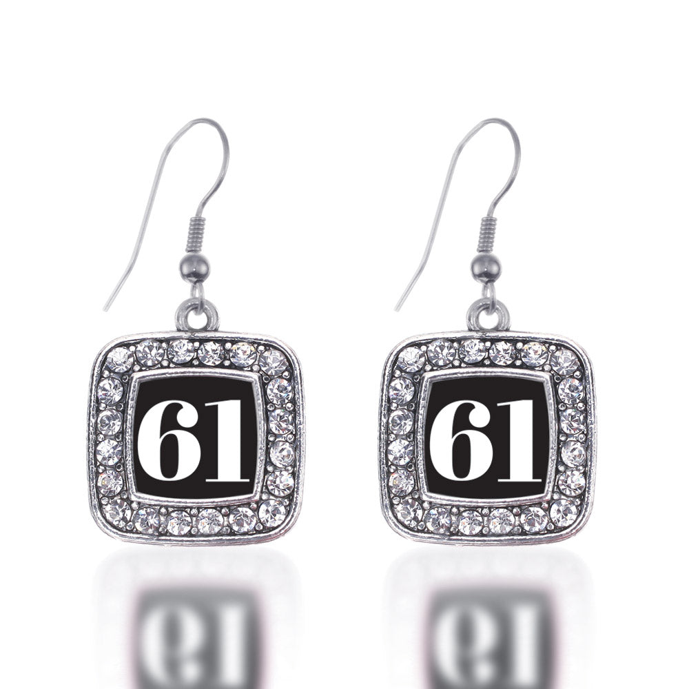 Silver Sport Number 61 Square Charm Dangle Earrings