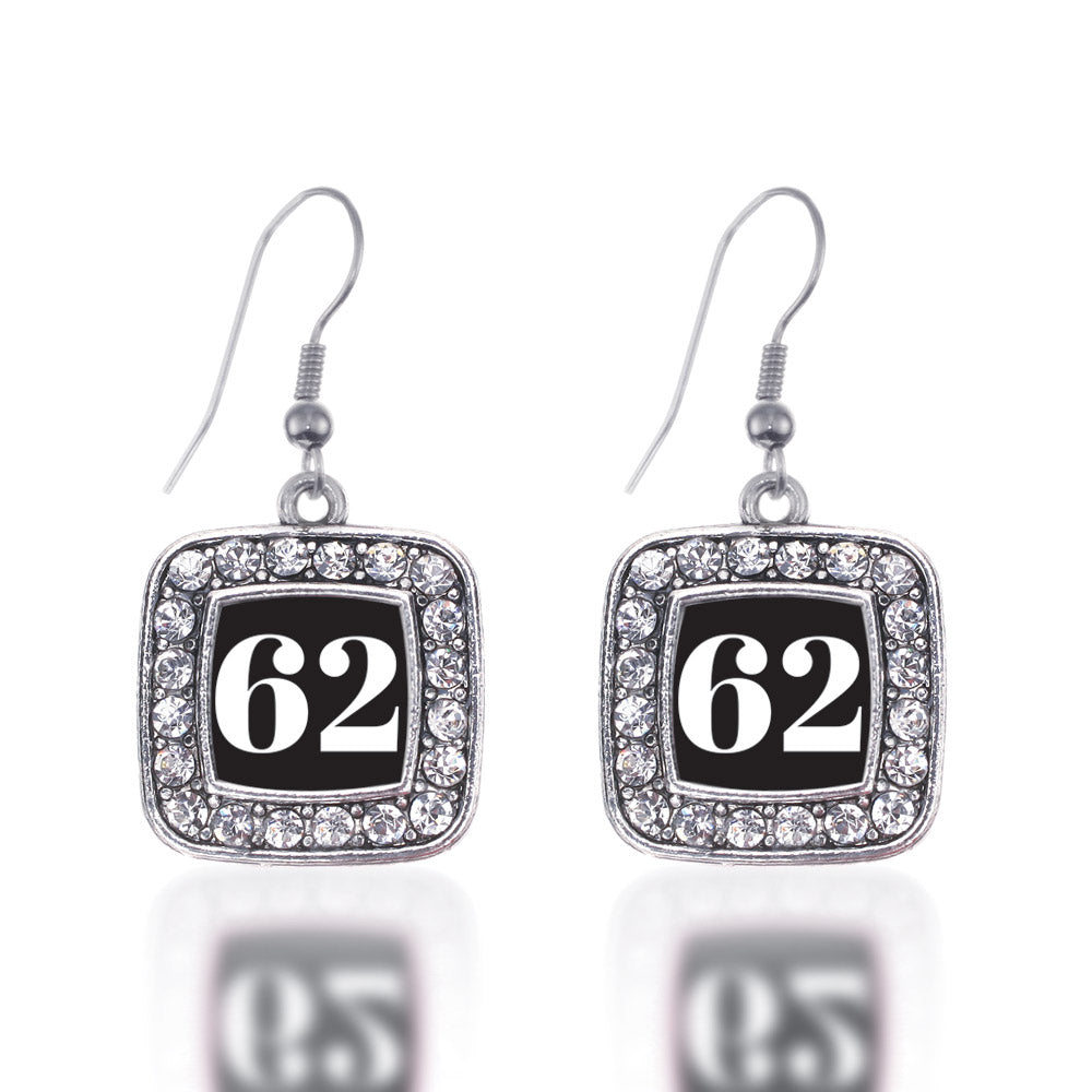 Silver Sport Number 62 Square Charm Dangle Earrings