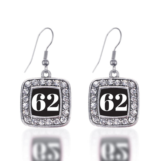 Silver Sport Number 62 Square Charm Dangle Earrings
