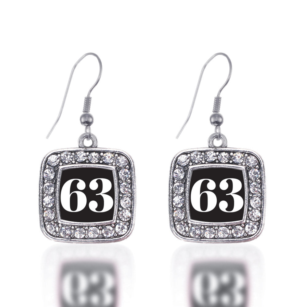 Silver Sport Number 63 Square Charm Dangle Earrings