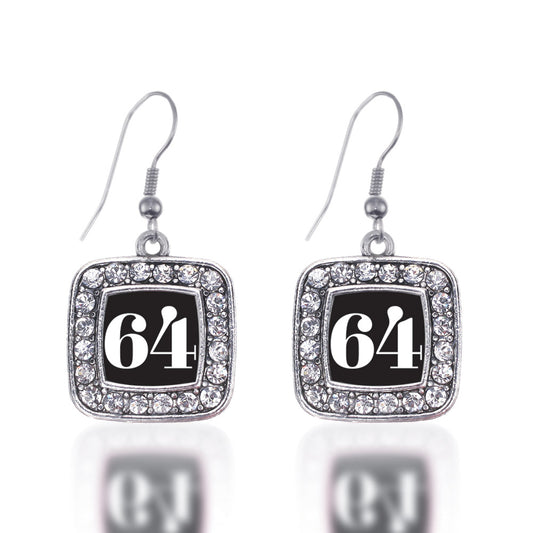 Silver Sport Number 64 Square Charm Dangle Earrings