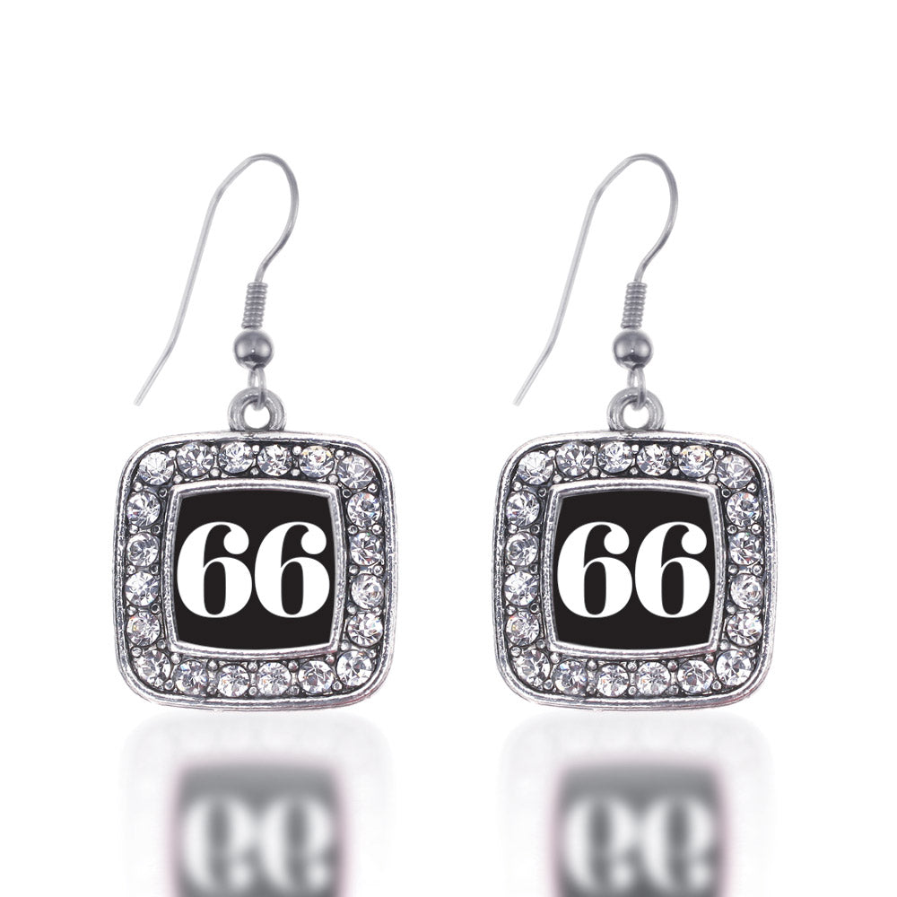 Silver Sport Number 66 Square Charm Dangle Earrings