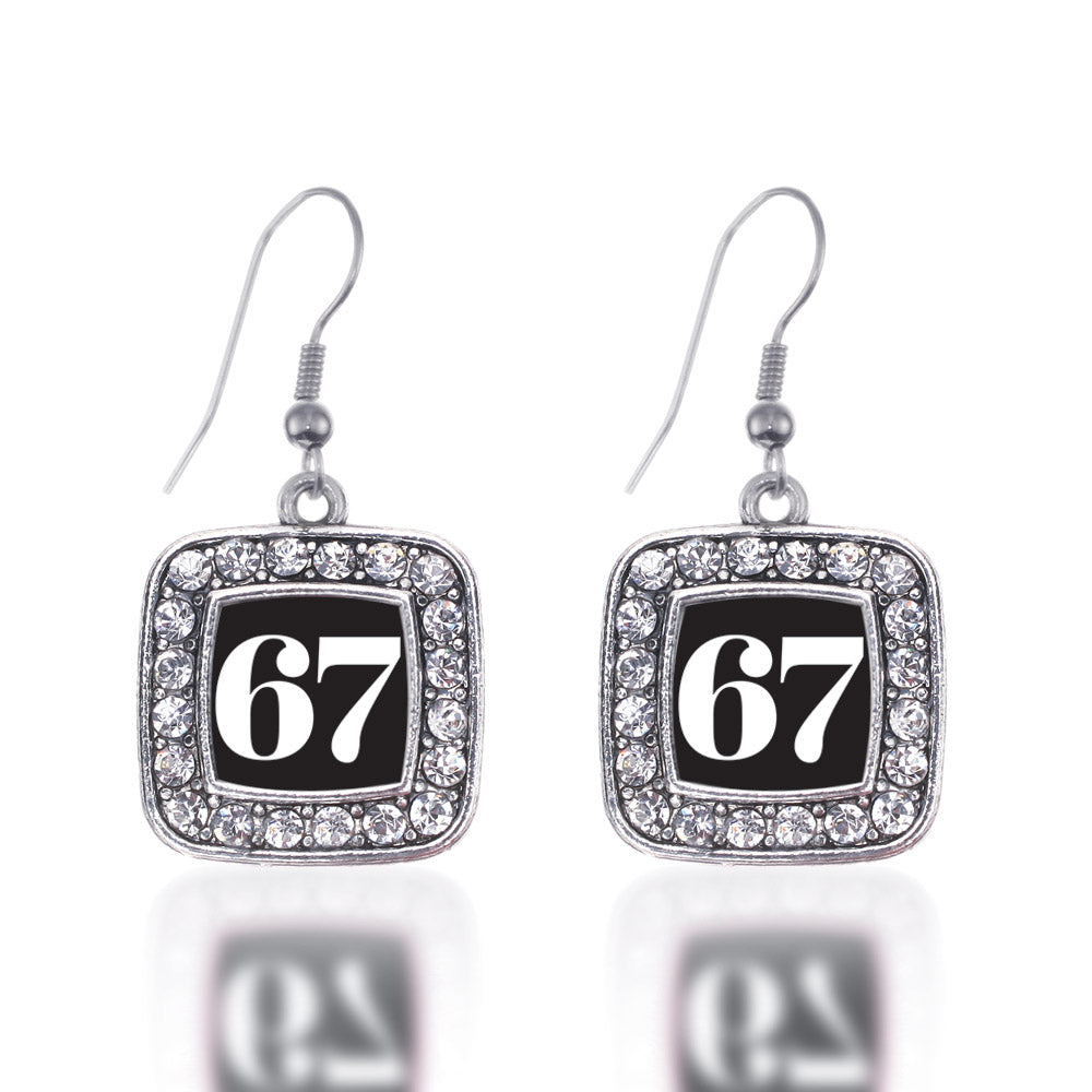 Silver Sport Number 67 Square Charm Dangle Earrings