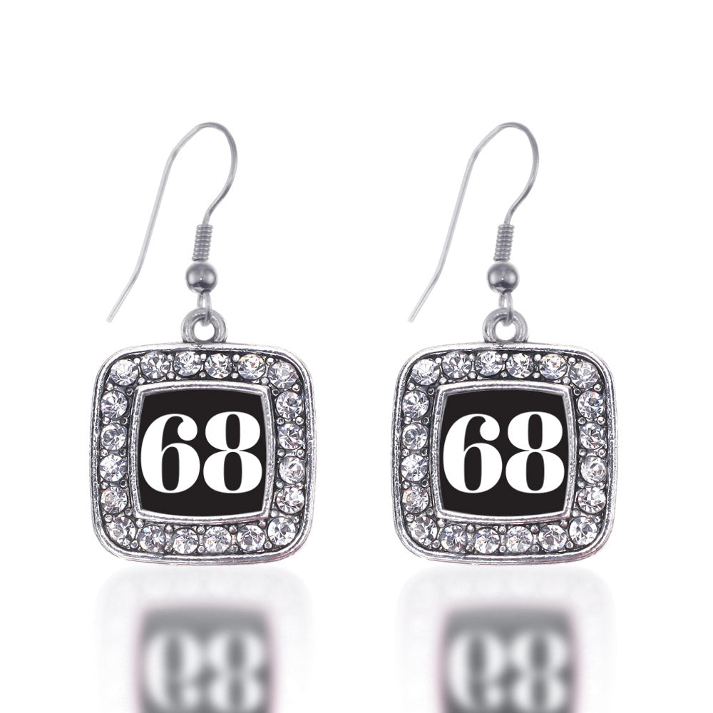 Silver Sport Number 68 Square Charm Dangle Earrings