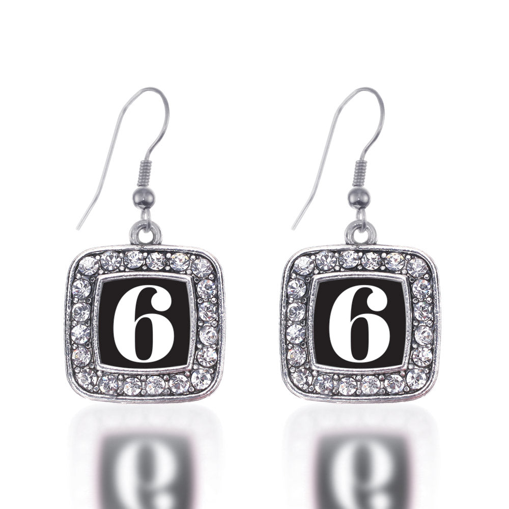 Silver Sport Number 6 Square Charm Dangle Earrings