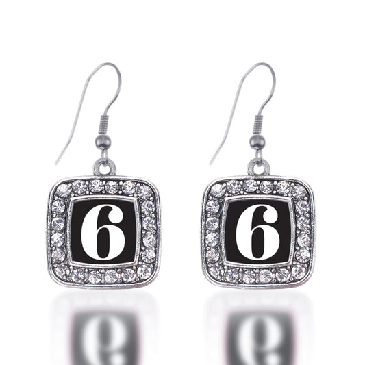 Silver Sport Number 6 Square Charm Dangle Earrings