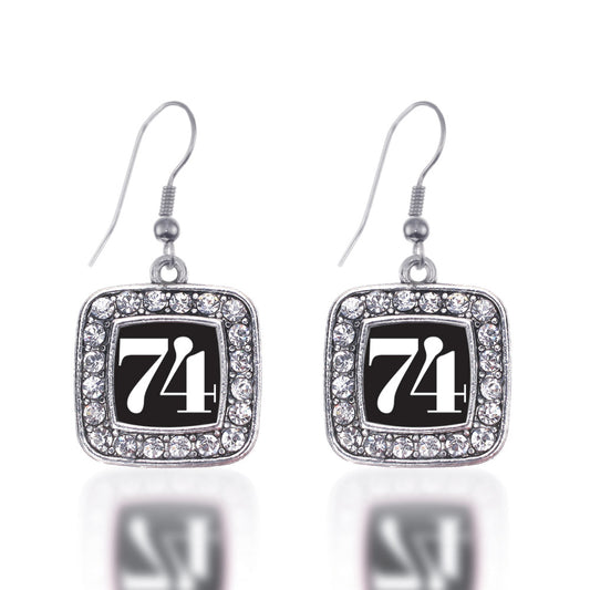 Silver Sport Number 74 Square Charm Dangle Earrings