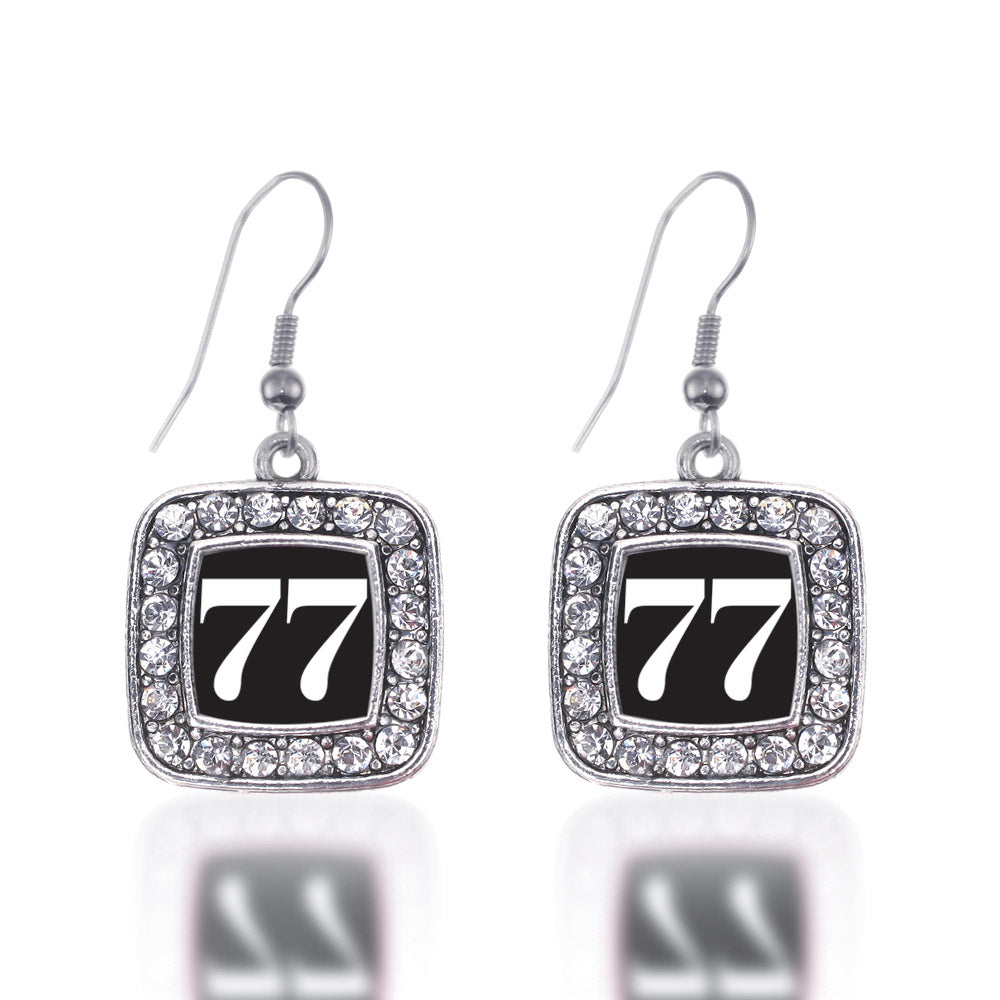 Silver Sport Number 77 Square Charm Dangle Earrings