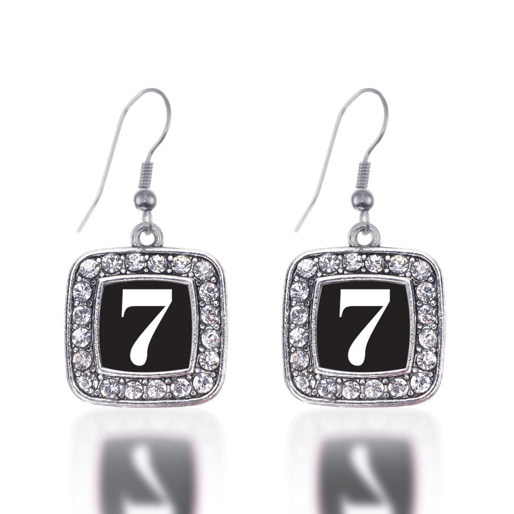 Silver Sport Number 7 Square Charm Dangle Earrings
