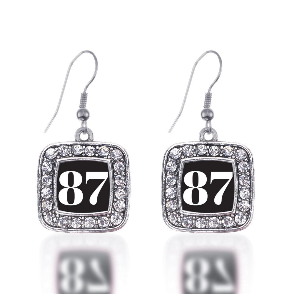 Silver Sport Number 87 Square Charm Dangle Earrings