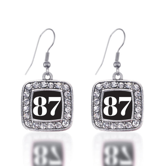Silver Sport Number 87 Square Charm Dangle Earrings
