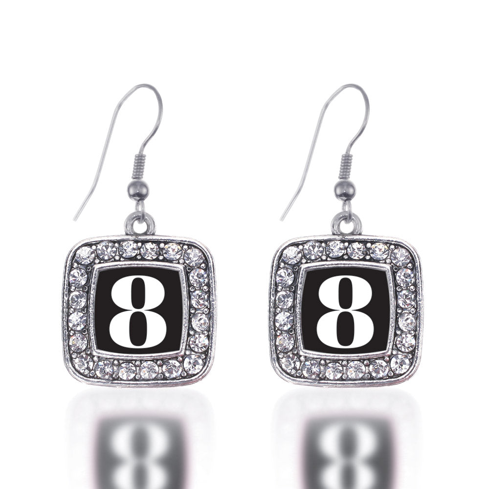 Silver Sport Number 8 Square Charm Dangle Earrings