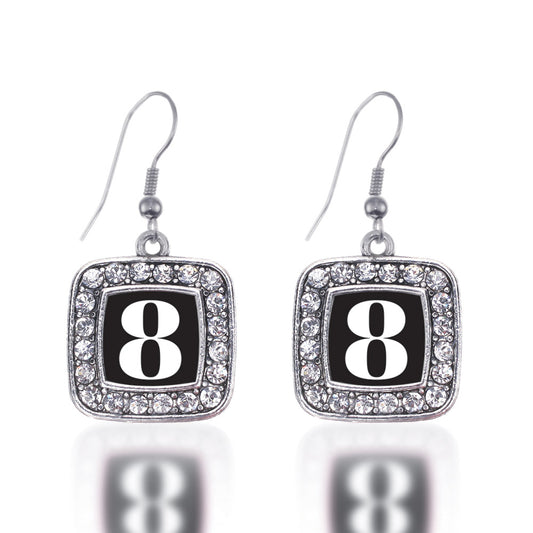Silver Sport Number 8 Square Charm Dangle Earrings