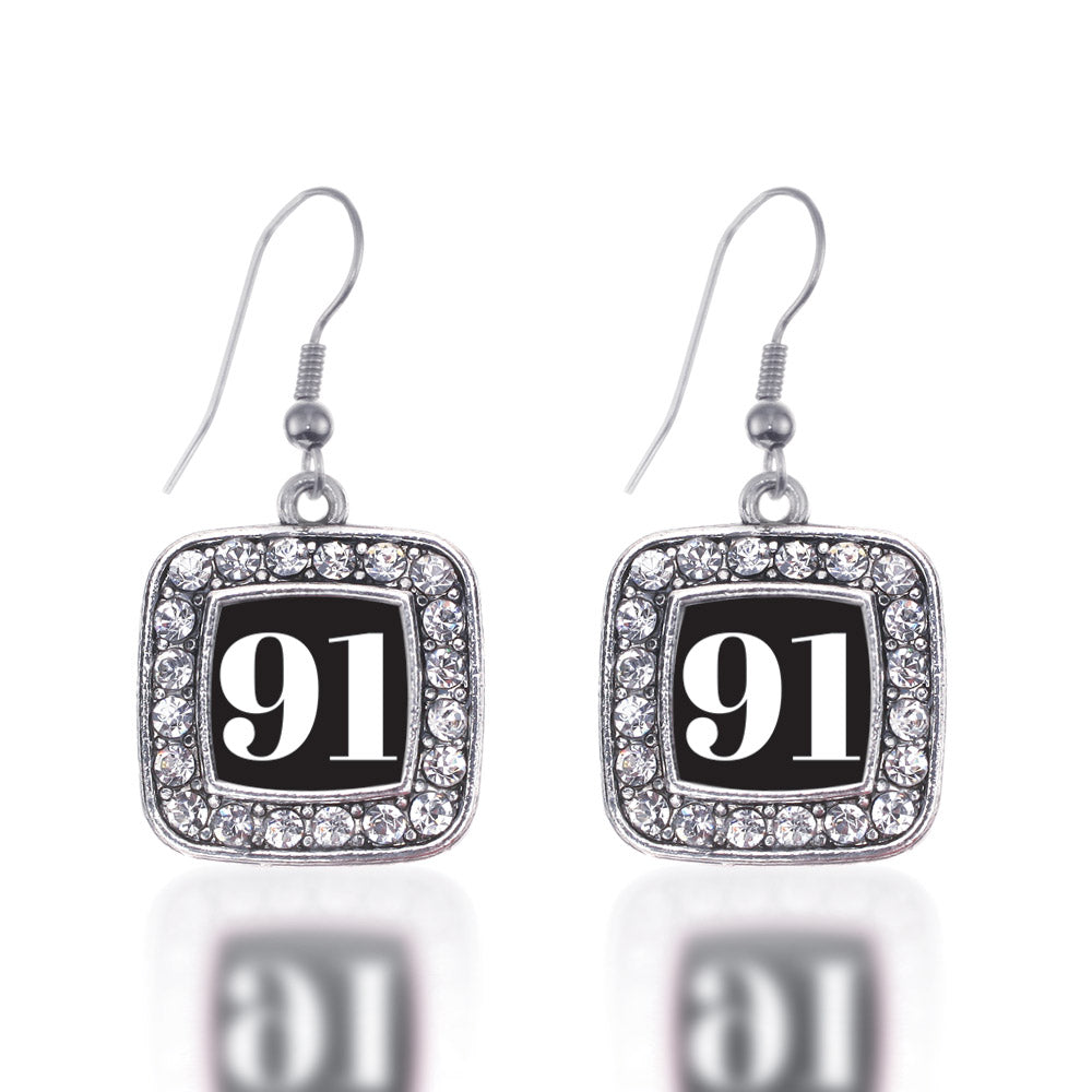 Silver Sport Number 91 Square Charm Dangle Earrings