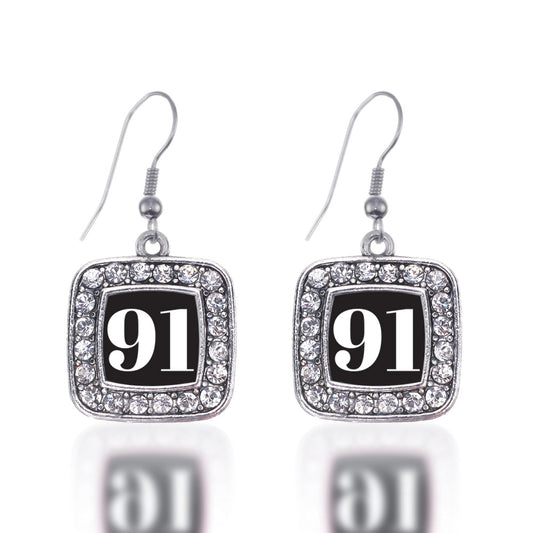 Silver Sport Number 91 Square Charm Dangle Earrings