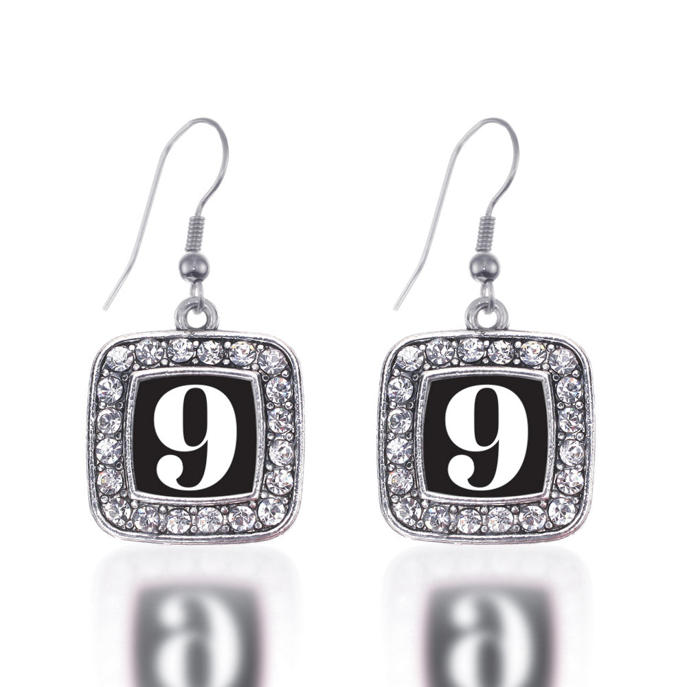 Silver Sport Number 9 Square Charm Dangle Earrings