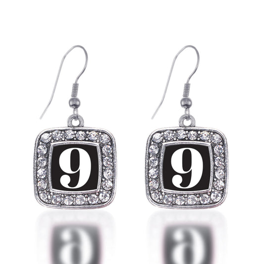 Silver Sport Number 9 Square Charm Dangle Earrings