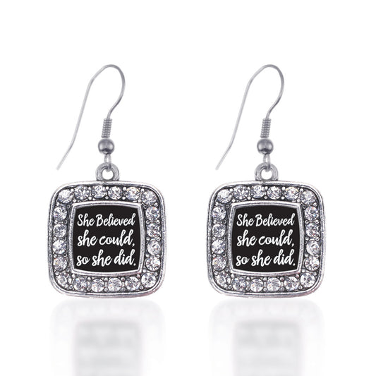 Silver So She Did Square Charm Dangle Earrings