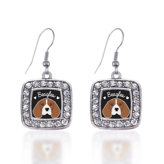 Silver Beagle Lover Square Charm Dangle Earrings