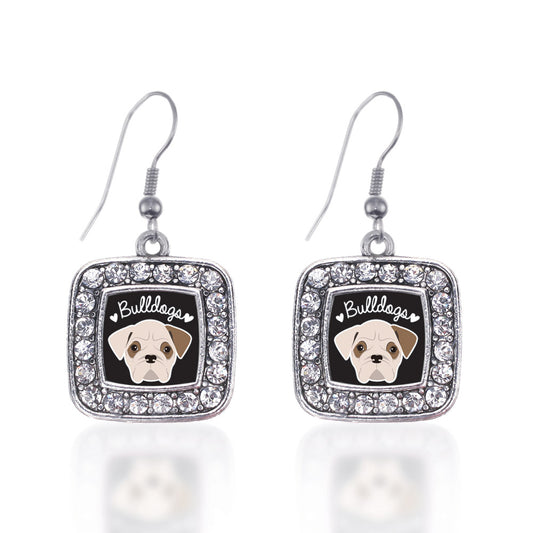 Silver Bulldog Lover Square Charm Dangle Earrings