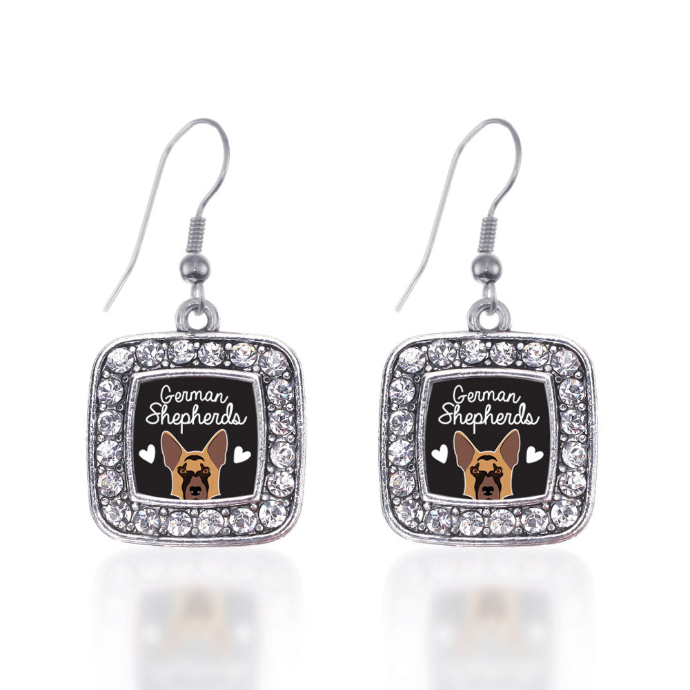 Silver German Shepherd Lover Square Charm Dangle Earrings