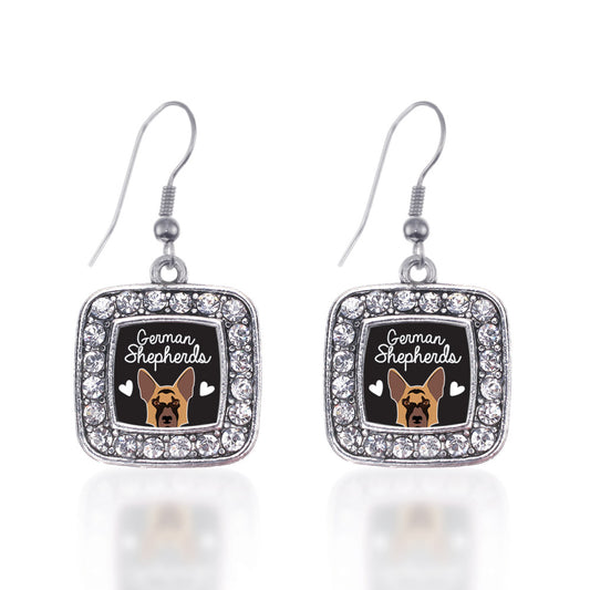Silver German Shepherd Lover Square Charm Dangle Earrings