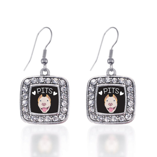 Silver Pit Bull Lover Square Charm Dangle Earrings