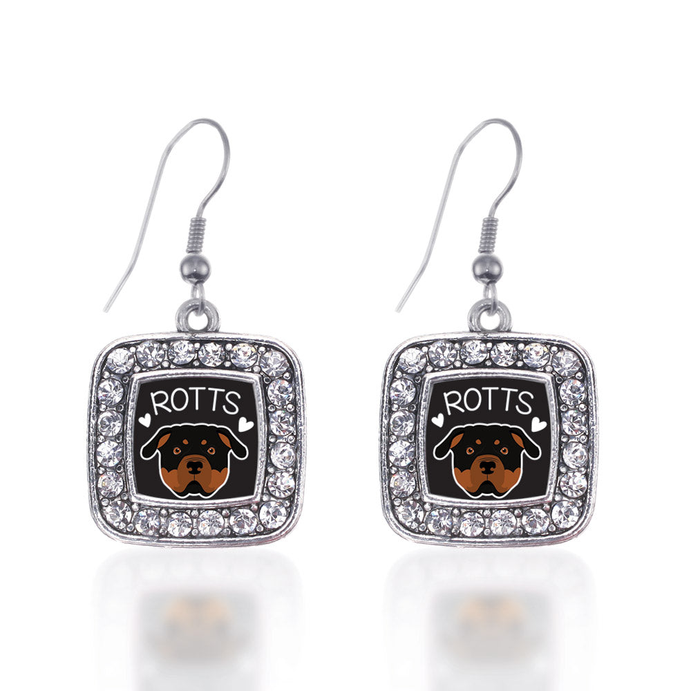 Silver Rottweiler Lover Square Charm Dangle Earrings