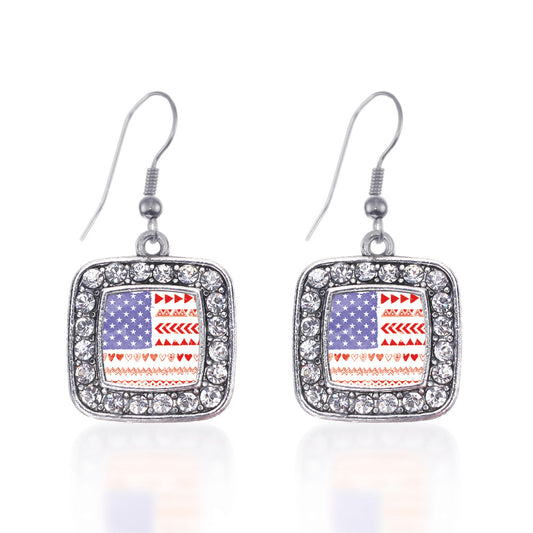 Silver Cute American Flag Square Charm Dangle Earrings