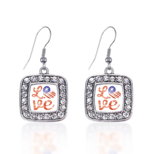 Silver Love USA Square Charm Dangle Earrings