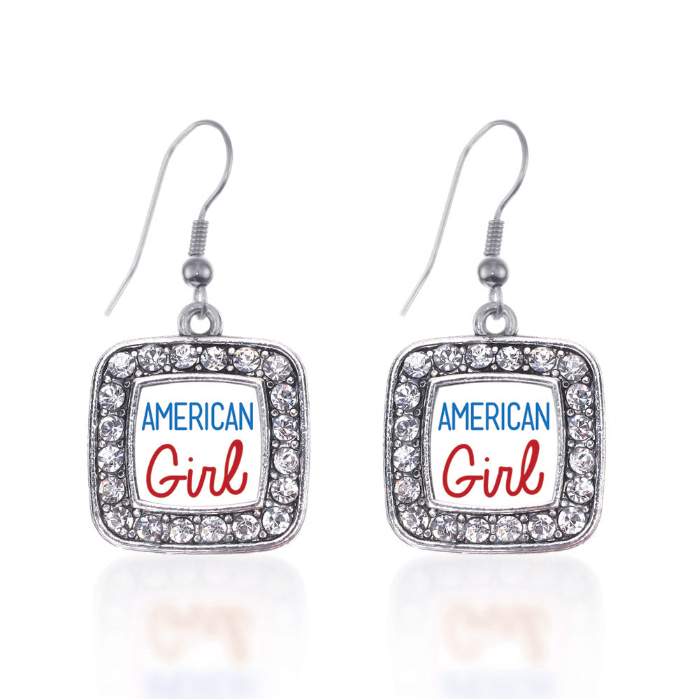 Silver American Girl Square Charm Dangle Earrings