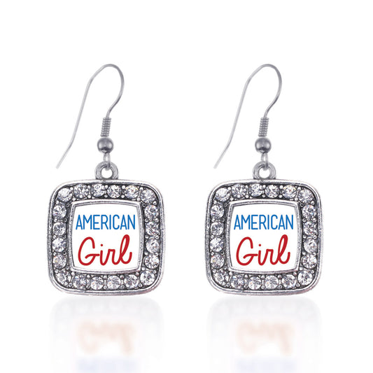 Silver American Girl Square Charm Dangle Earrings