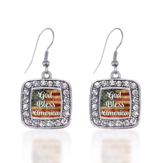 Silver God Bless America Square Charm Dangle Earrings