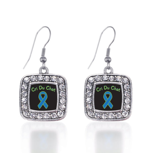 Silver Cri Du Chat Square Charm Dangle Earrings