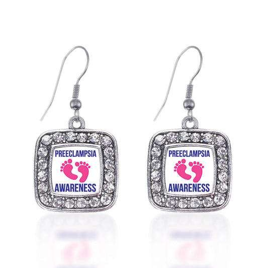 Silver Preeclampsia Awareness Square Charm Dangle Earrings