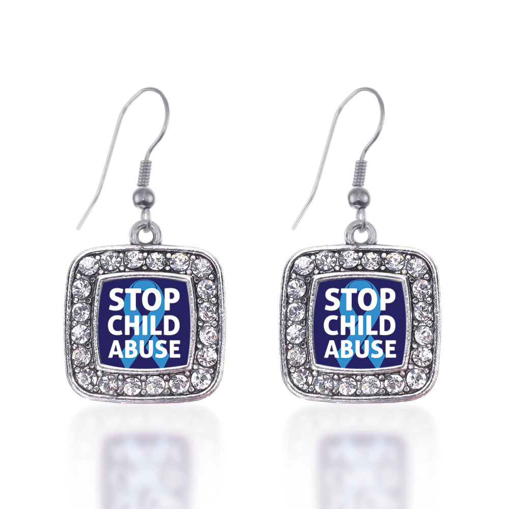 Silver Stop Child Abuse Square Charm Dangle Earrings