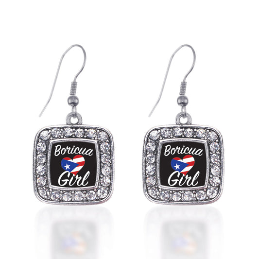Silver Boricua Girl Square Charm Dangle Earrings