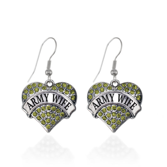 Silver Army Wife Green Pave Heart Charm Dangle Earrings