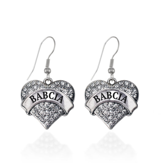 Silver Babcia Pave Heart Charm Dangle Earrings