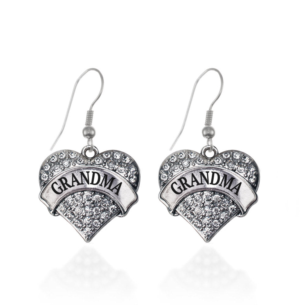 Silver Grandma Pave Heart Charm Dangle Earrings
