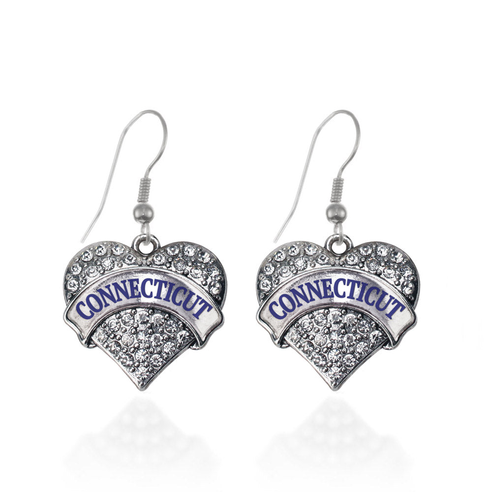 Silver Connecticut Pave Heart Charm Dangle Earrings
