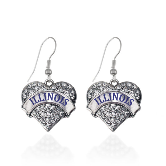 Silver Illinois Pave Heart Charm Dangle Earrings