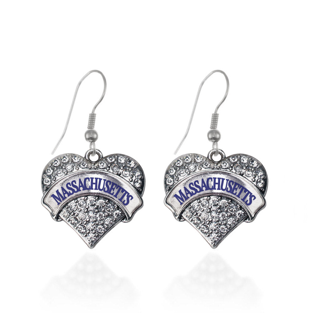 Silver Massachusetts Pave Heart Charm Dangle Earrings