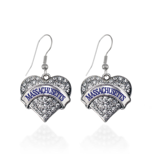Silver Massachusetts Pave Heart Charm Dangle Earrings