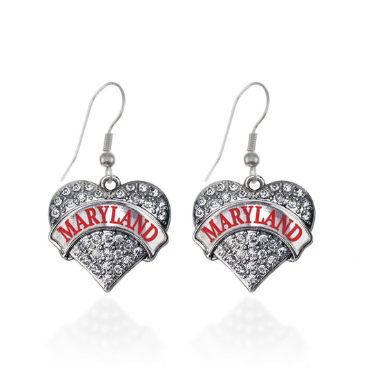 Silver Maryland Pave Heart Charm Dangle Earrings