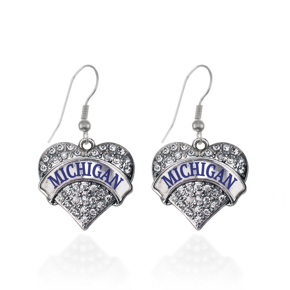 Silver Michigan Pave Heart Charm Dangle Earrings